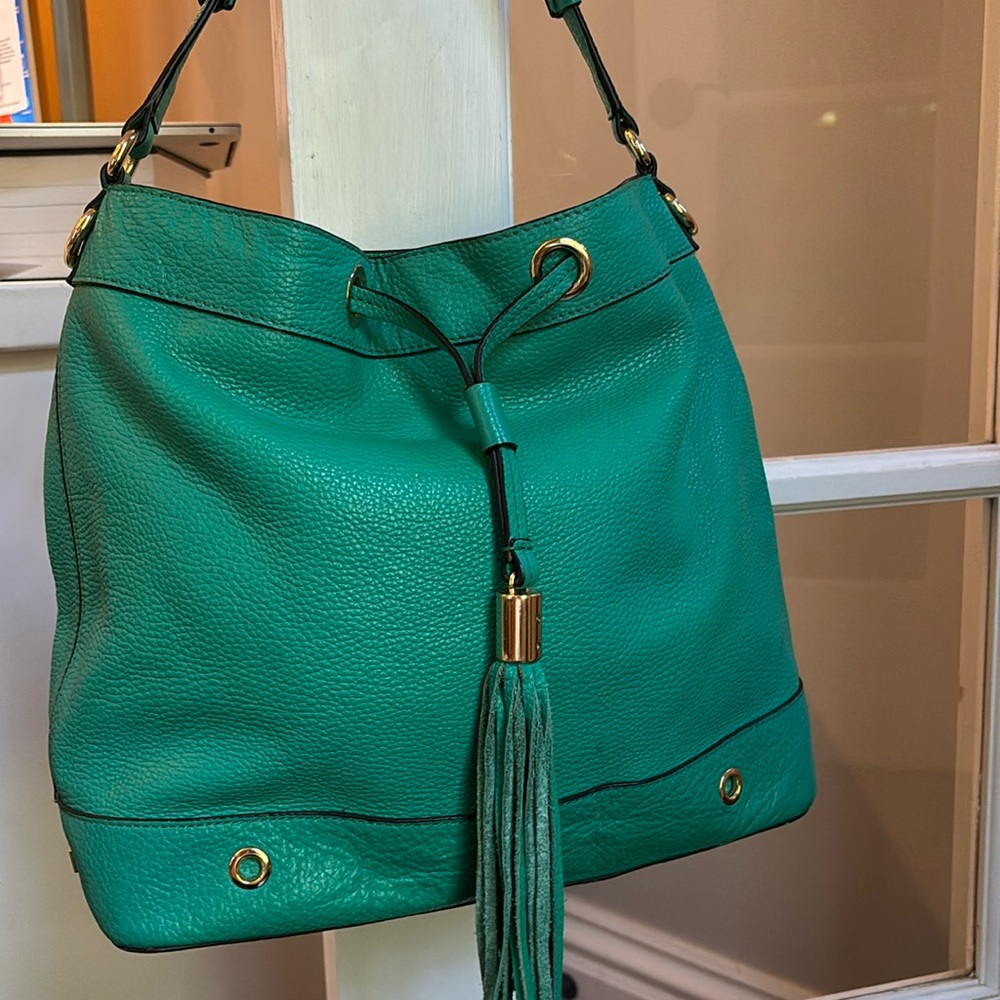 Milly green leather bucket hobo